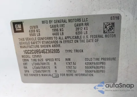 2016 Chevrolet Silverado 2500Hd Wt from USA, damaged, VIN 1GC2CUEG4GZ362805